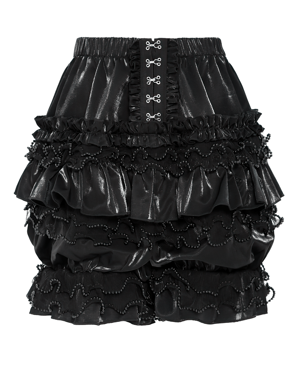 Gothic Black Ruffled Bloomer Shorts with Lace Trim, Victorian Lolita layered satin shorts with dramatic ruffles