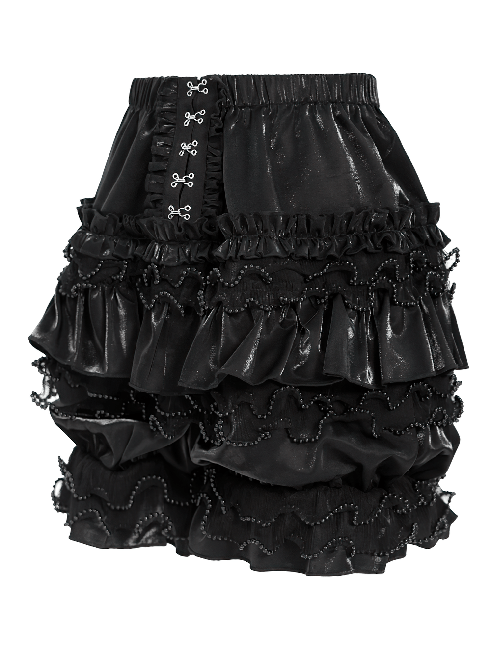 Gothic Black Ruffled Bloomer Shorts with Lace Trim, black Victorian Lolita layered satin shorts with beaded ruffles