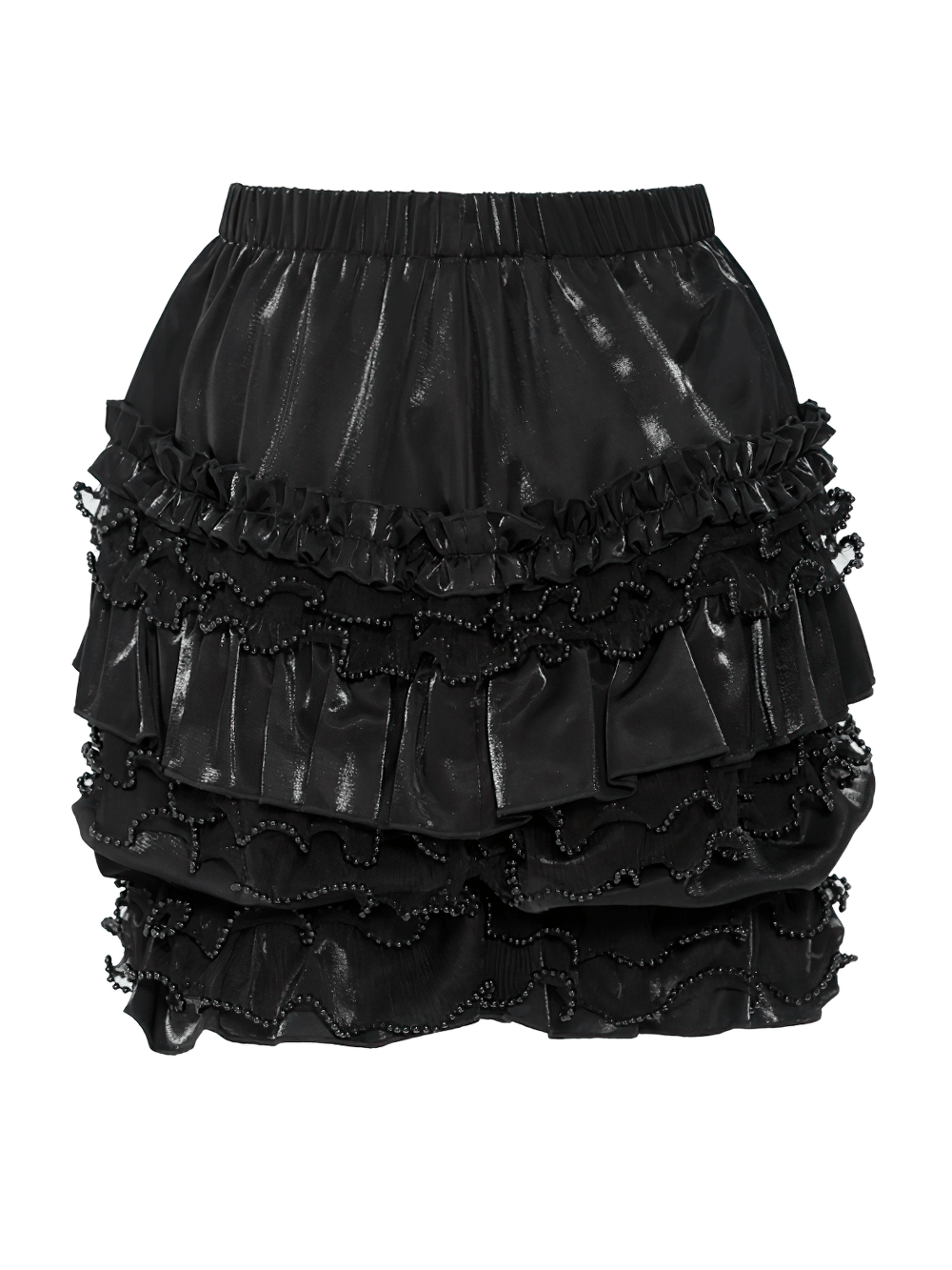 Gothic Black Ruffled Bloomer Shorts with Lace Trim, glossy black Victorian-style layered shorts with bead-trim ruffles