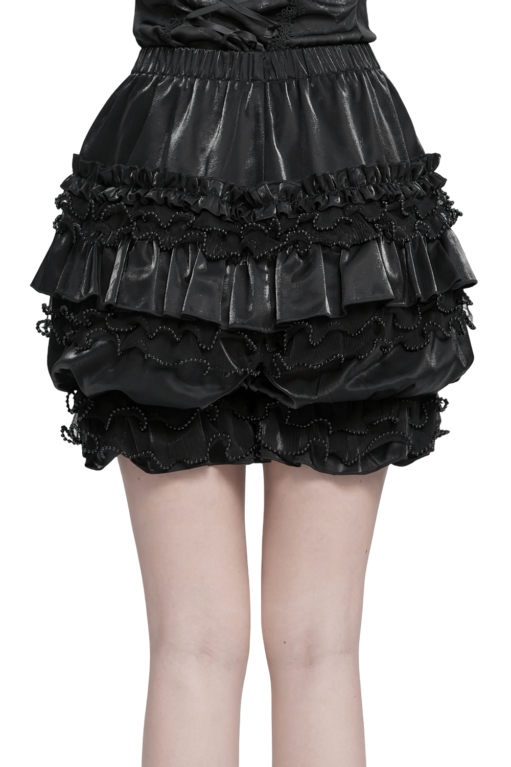 Gothic Black Ruffled Bloomer Shorts with Lace Trim, glossy Victorian Lolita layered satin shorts with dramatic beaded ruffles