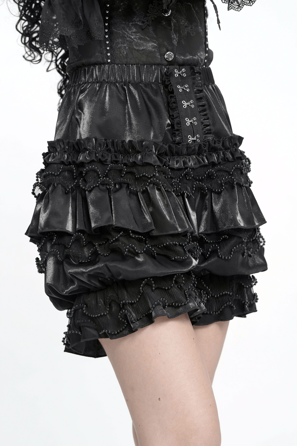 Gothic Black Ruffled Bloomer Shorts with Lace Trim, Victorian Lolita layered satin shorts with dramatic beaded ruffles