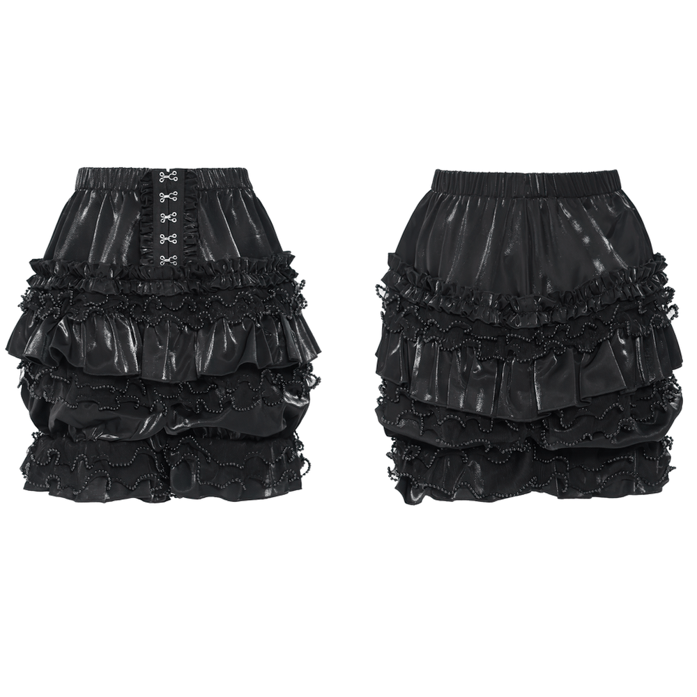 Gothic Black Ruffled Bloomer Shorts with Lace Trim, black Victorian Lolita layered satin shorts with beaded ruffles