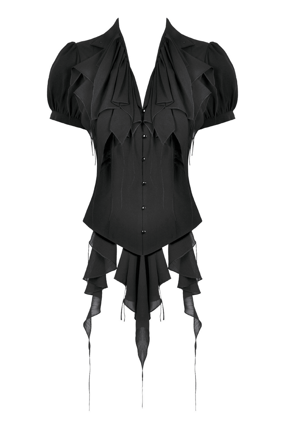 Gothic Black Ruffled Blouse with Corset Lace Back features dramatic ruffles and puff sleeves for a vintage look.