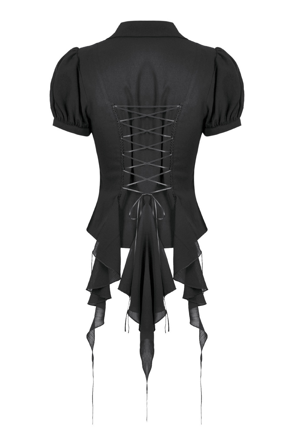 Gothic Black Ruffled Blouse with Corset Lace Back showcasing layered ruffles and corset detail.