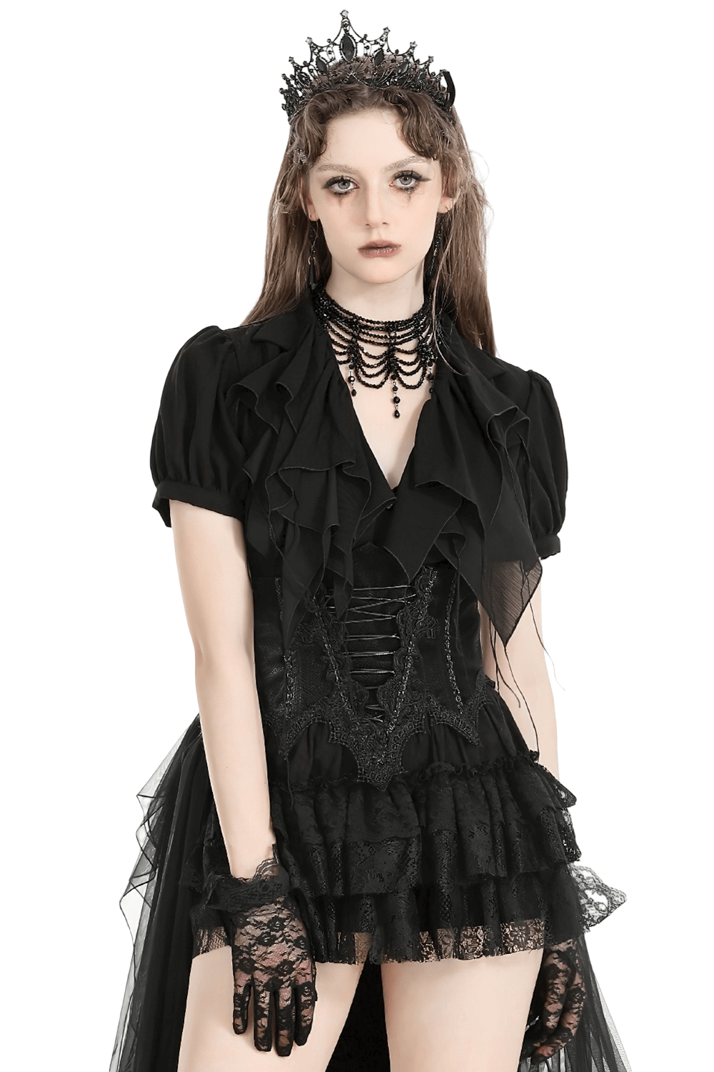 Gothic Black Ruffled Blouse with Corset Lace Back worn by a model showcasing Victorian gothic style and puff sleeves.