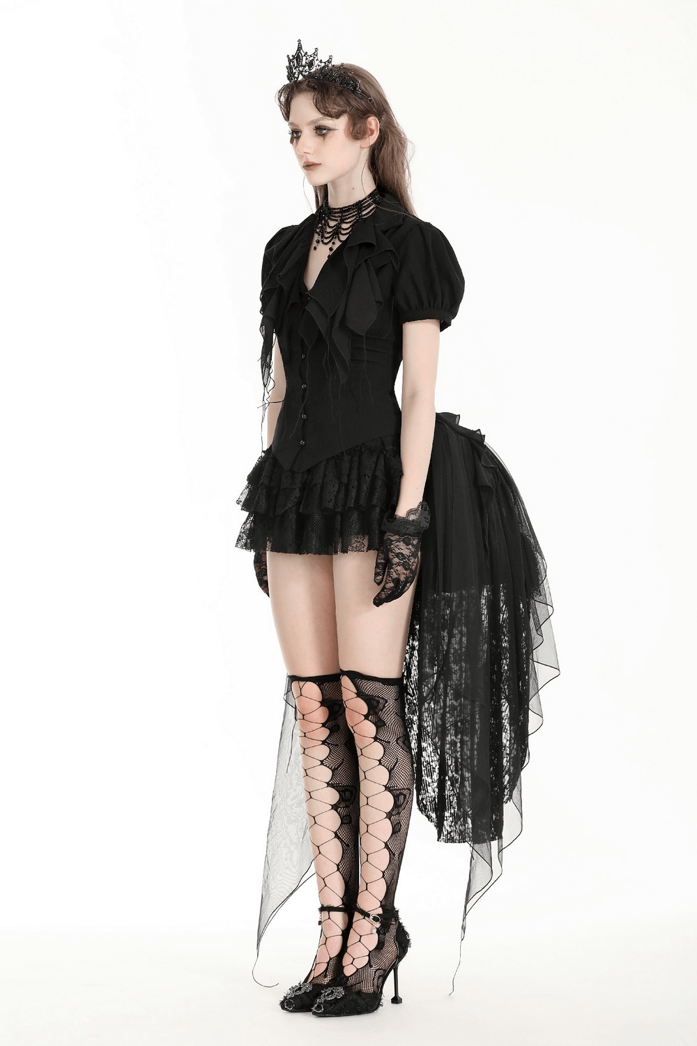 Gothic Black Ruffled Blouse with Corset Lace Back worn with elegant accessories and dramatic layered design.