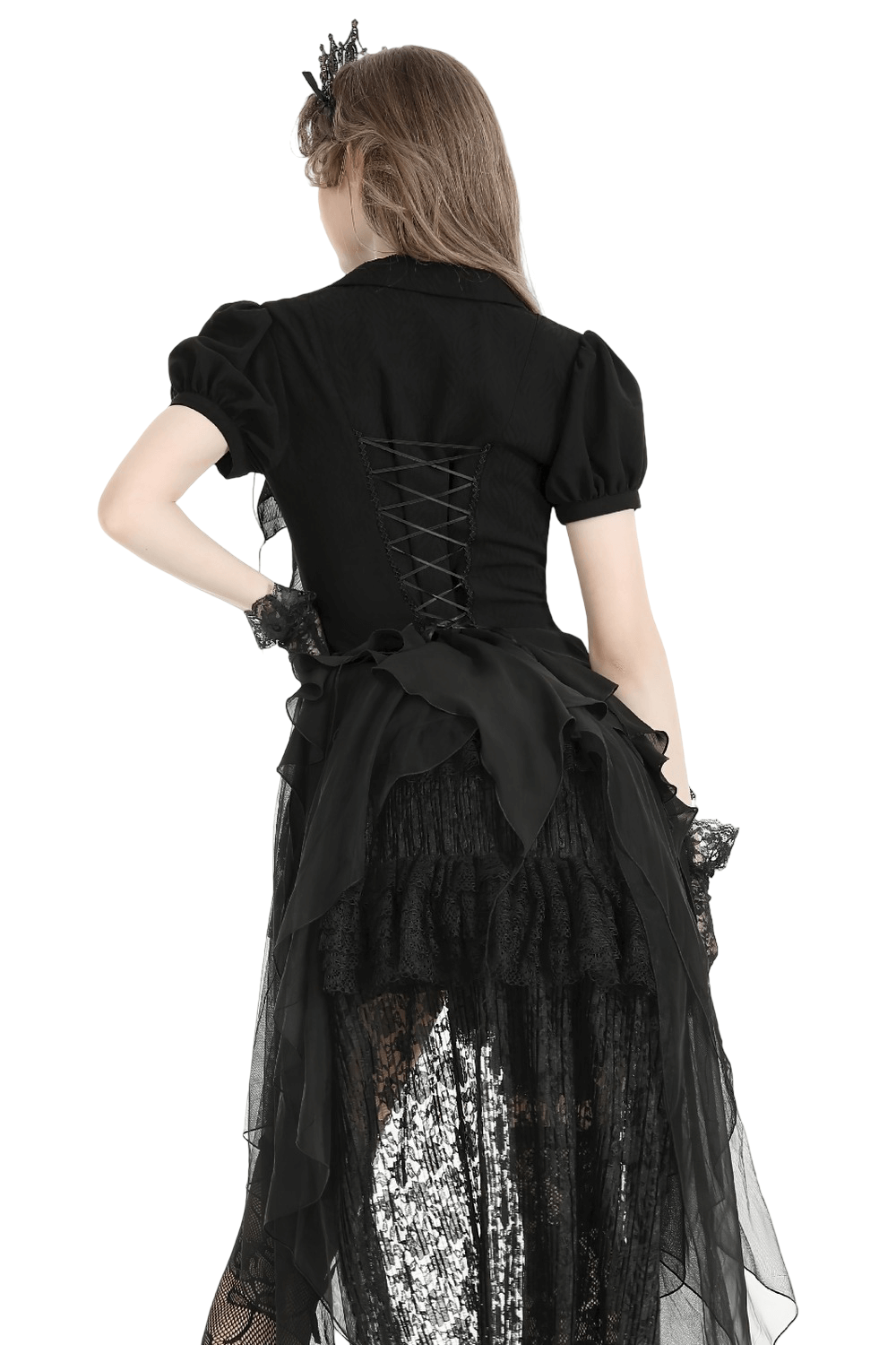 Gothic Black Ruffled Blouse with Corset Lace Back showcasing dramatic layers and pouty sleeves.