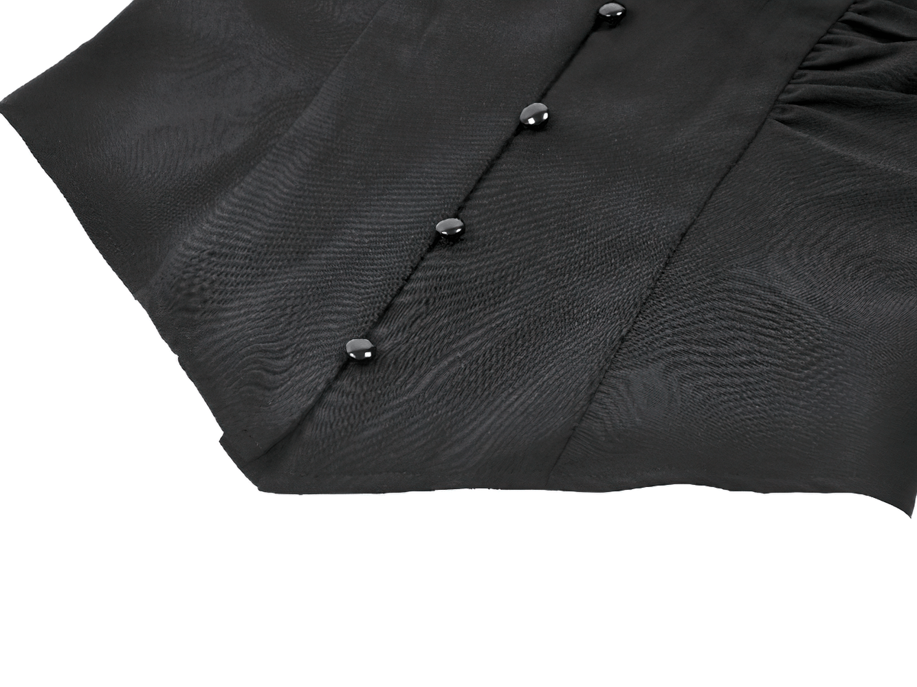 Gothic Black Ruffled Blouse with Corset Lace Back showcasing elegant black fabric and button details.