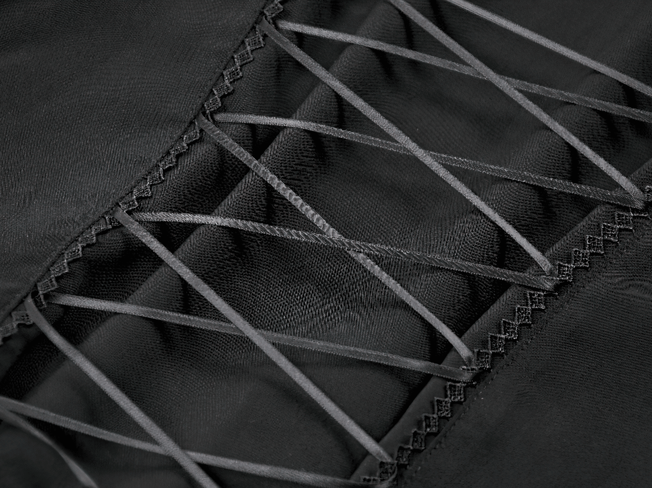 Gothic Black Ruffled Blouse with Corset Lace Back detailed lace-up back design displaying elegant black ribbons.