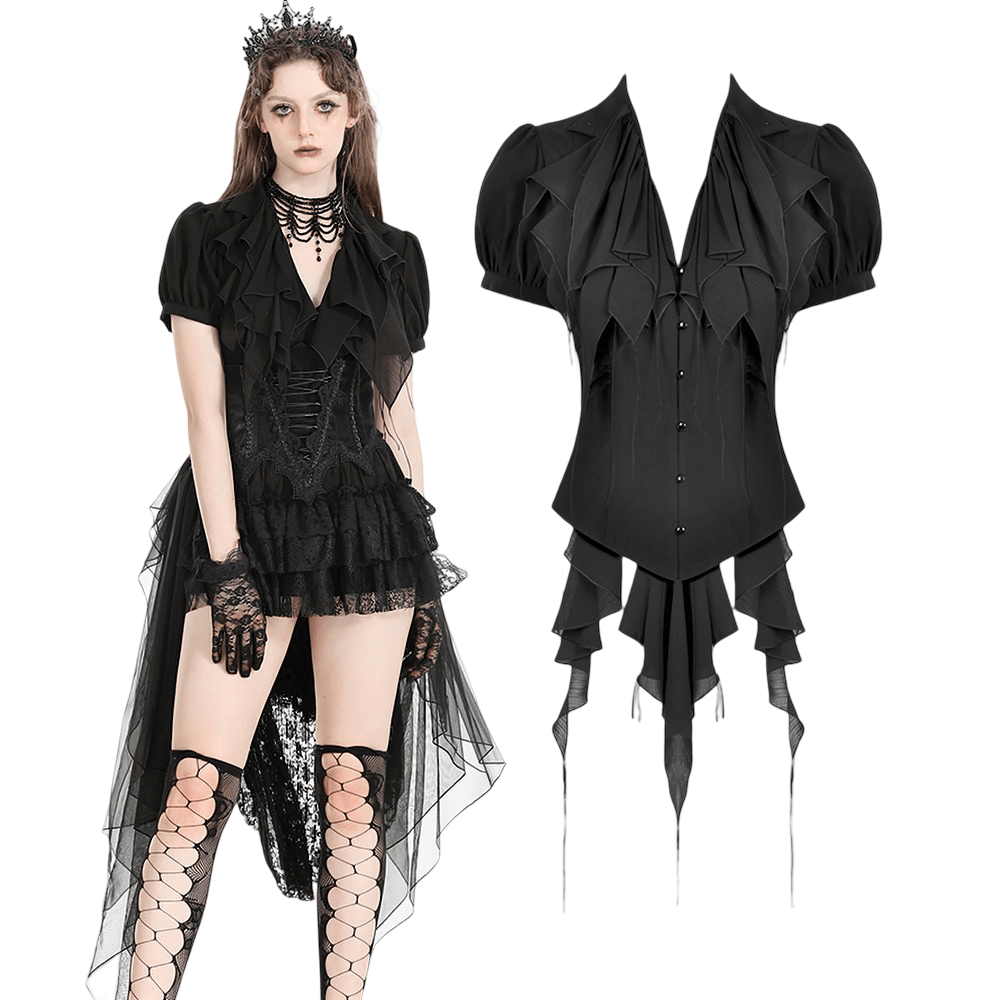 Gothic Black Ruffled Blouse with Corset Lace Back showcasing puff sleeves and a dramatic layered design.