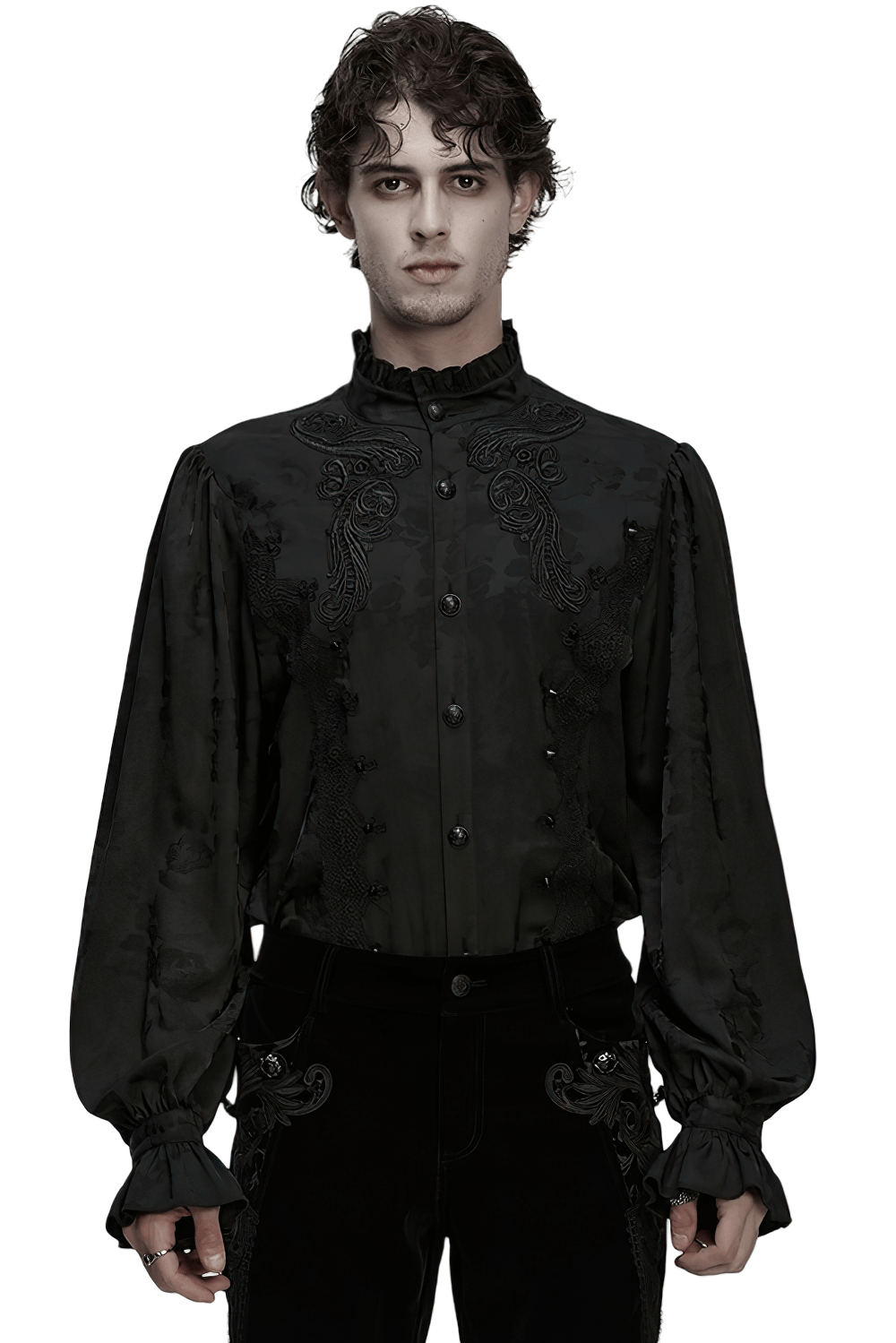Gothic Black Ruffled Collar Embroidered Long Sleeve Shirt on a model, featuring lace details and spike accents.