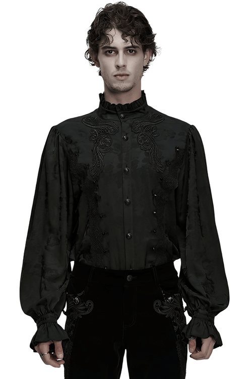 Gothic Black Ruffled Collar Embroidered Long Sleeve Shirt