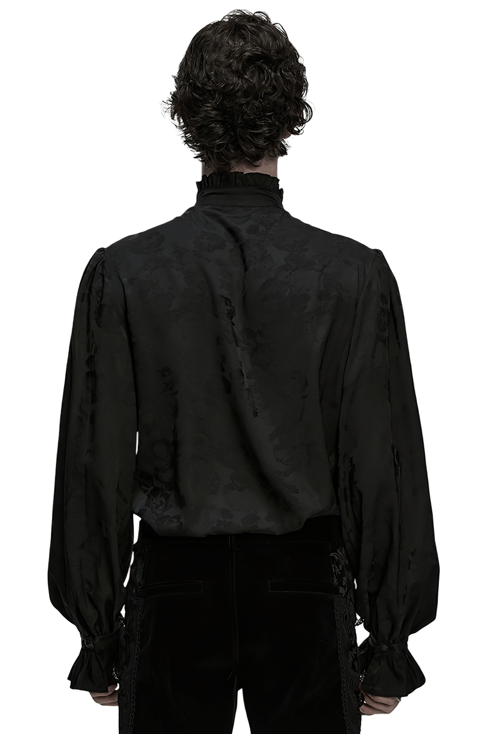 Gothic Black Ruffled Collar Embroidered Long Sleeve Shirt back view showcasing ruffled sleeves and stand-up collar.