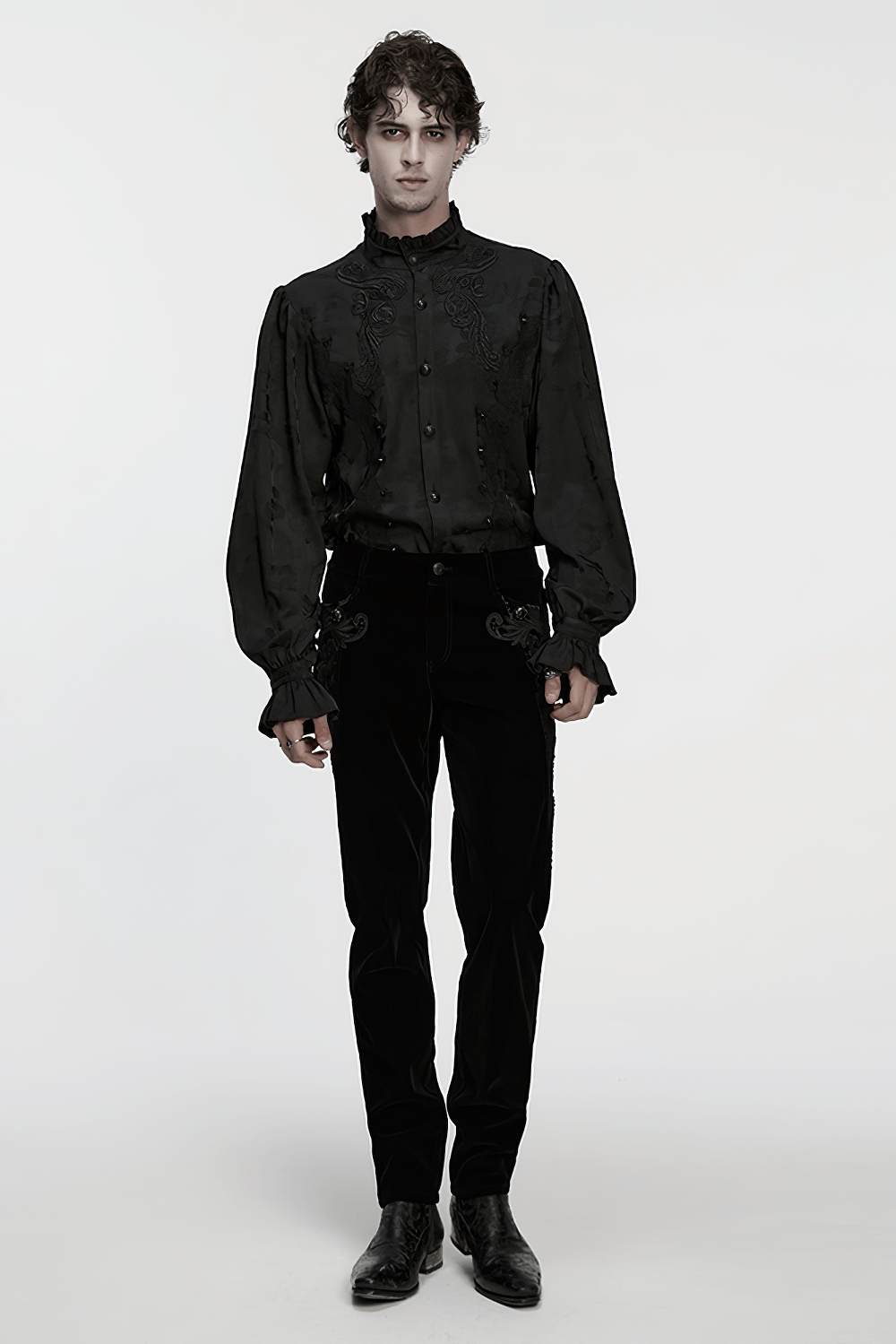 Gothic Black Ruffled Collar Embroidered Long Sleeve Shirt worn by a model, showcasing exquisite design and dramatic silhouette.