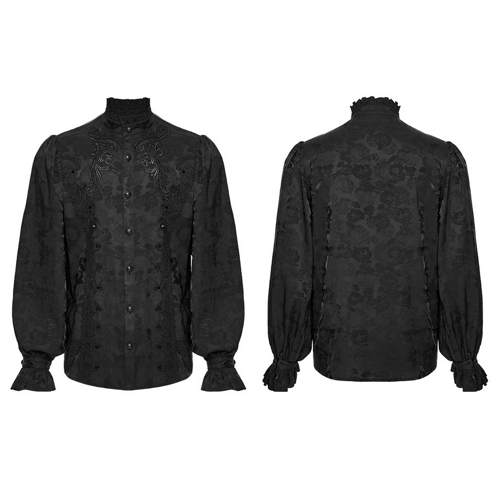 Gothic Black Ruffled Collar Embroidered Long Sleeve Shirt with bubble sleeves and lace details.