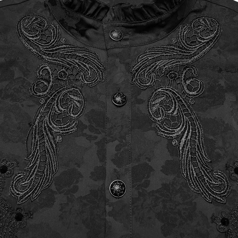 Gothic Black Ruffled Collar Embroidered Long Sleeve Shirt with exquisite lace detailing and dramatic crochet decor.