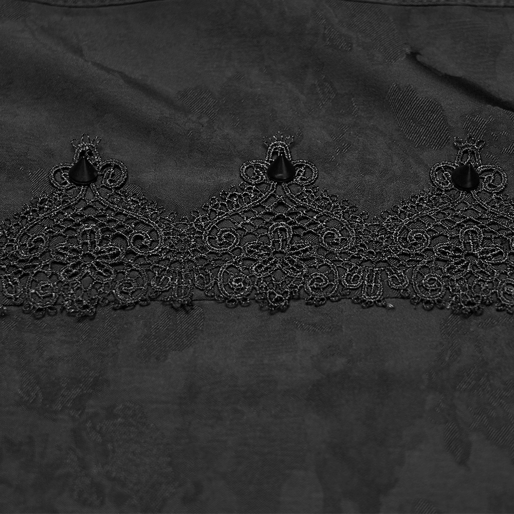 Gothic Black Ruffled Collar Embroidered Long Sleeve Shirt lace detail with intricate black embroidery and spikes.