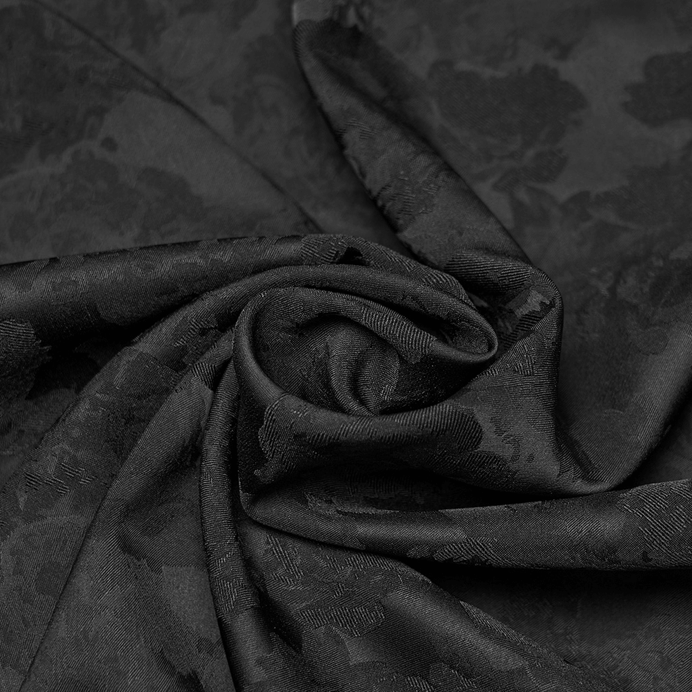 Gothic Black Ruffled Collar Embroidered Long Sleeve Shirt fabric detail in luxurious black patterned material.