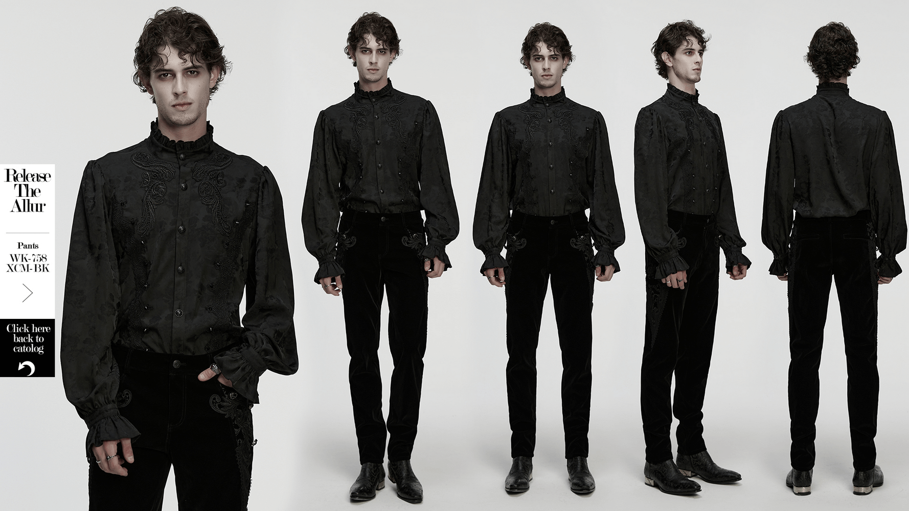 Gothic Black Ruffled Collar Embroidered Long Sleeve Shirt model showcasing front and side views.