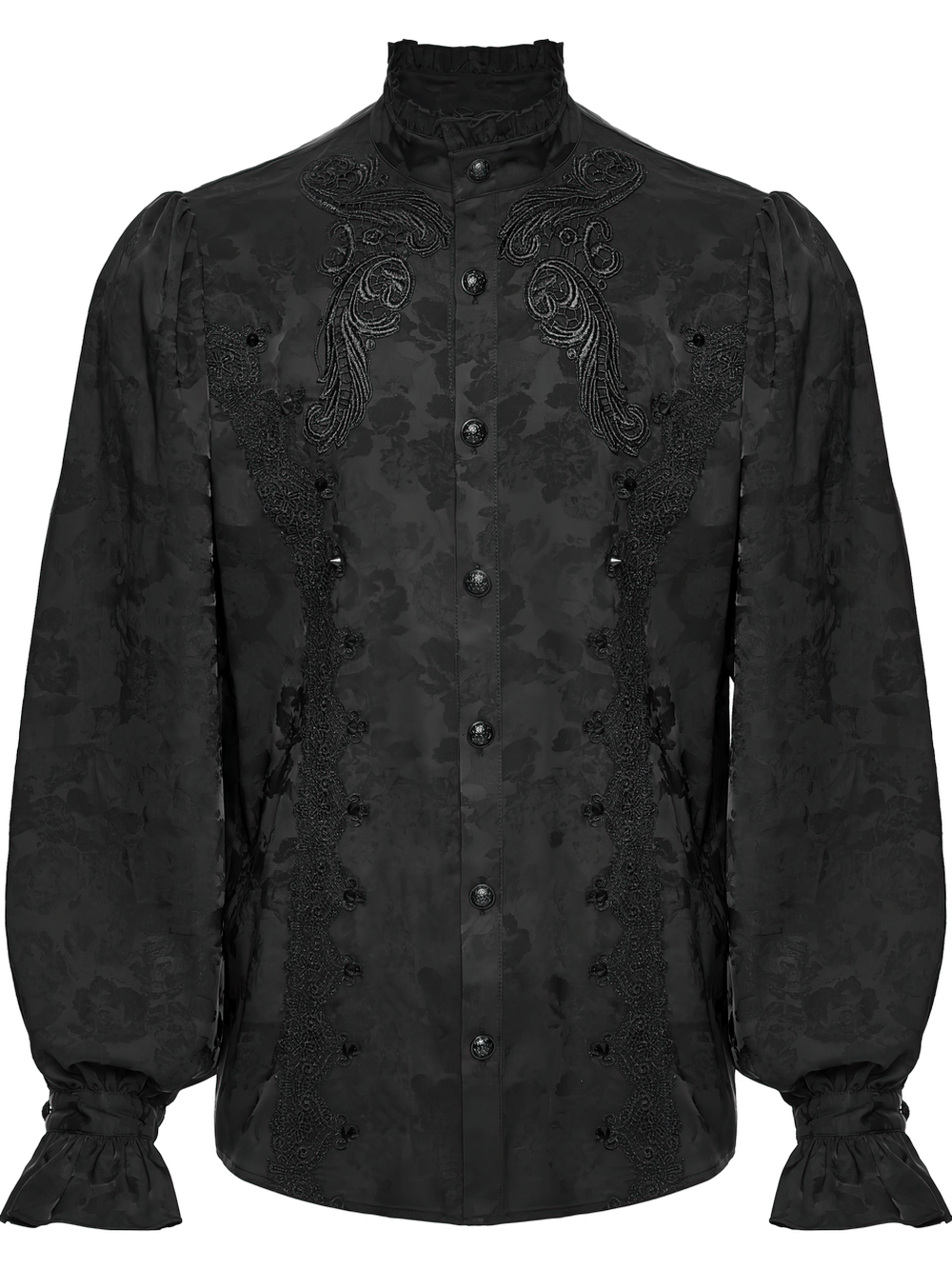 Gothic Black Ruffled Collar Embroidered Long Sleeve Shirt with lace details and puffed sleeves.