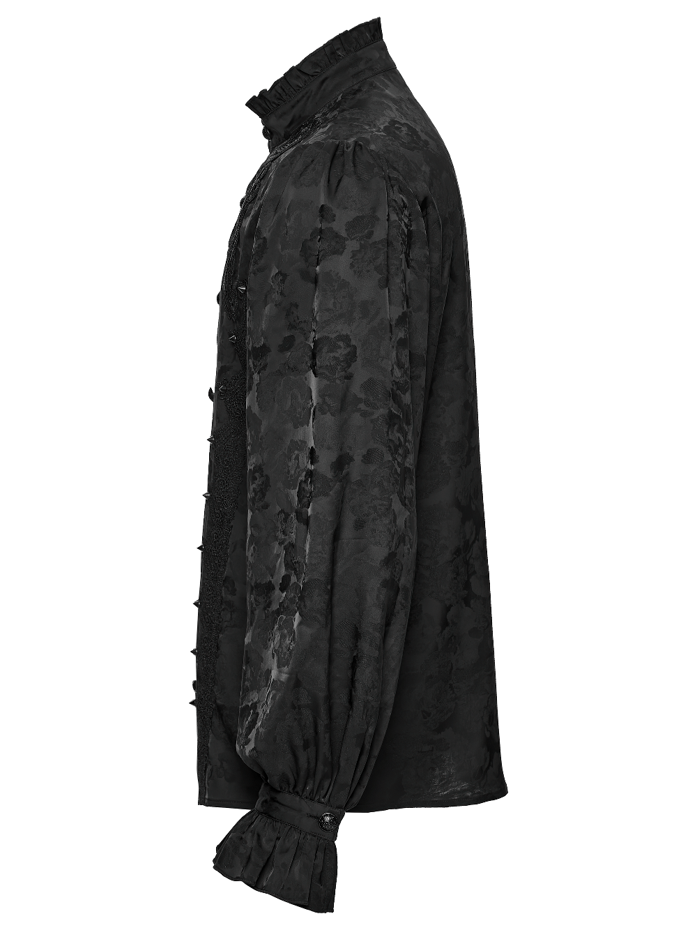 Gothic Black Ruffled Collar Embroidered Long Sleeve Shirt side view showcasing floral pattern and bubble sleeves.