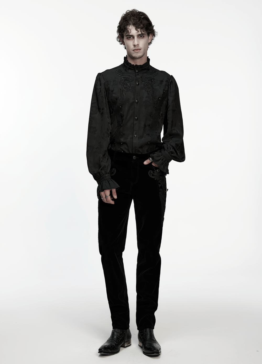 Gothic Black Ruffled Collar Embroidered Long Sleeve Shirt worn with tailored pants, featuring exquisite lace and a dramatic silhouette.