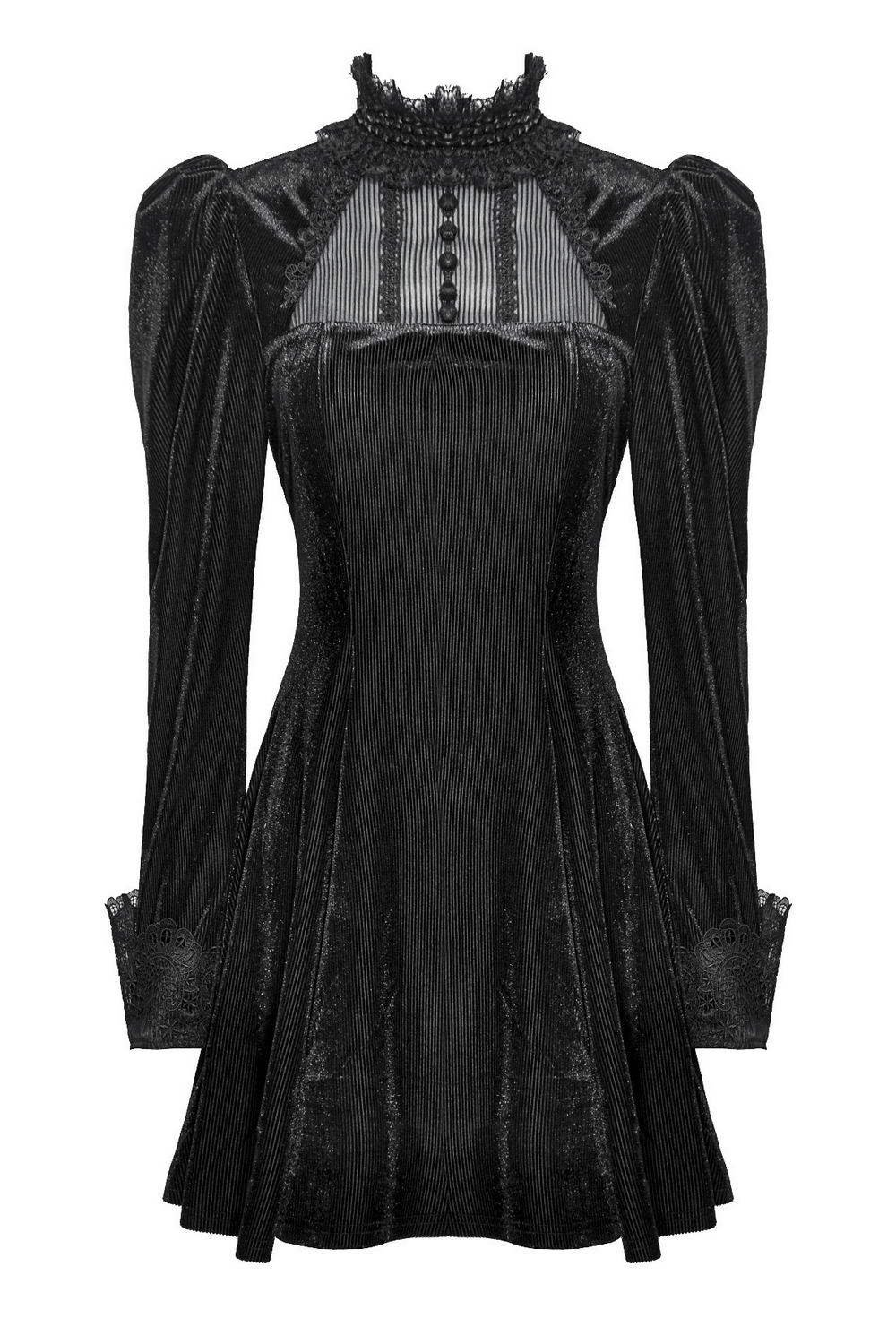 Gothic black ruffled velvet dress with lace and puff sleeves for elegant vintage style.