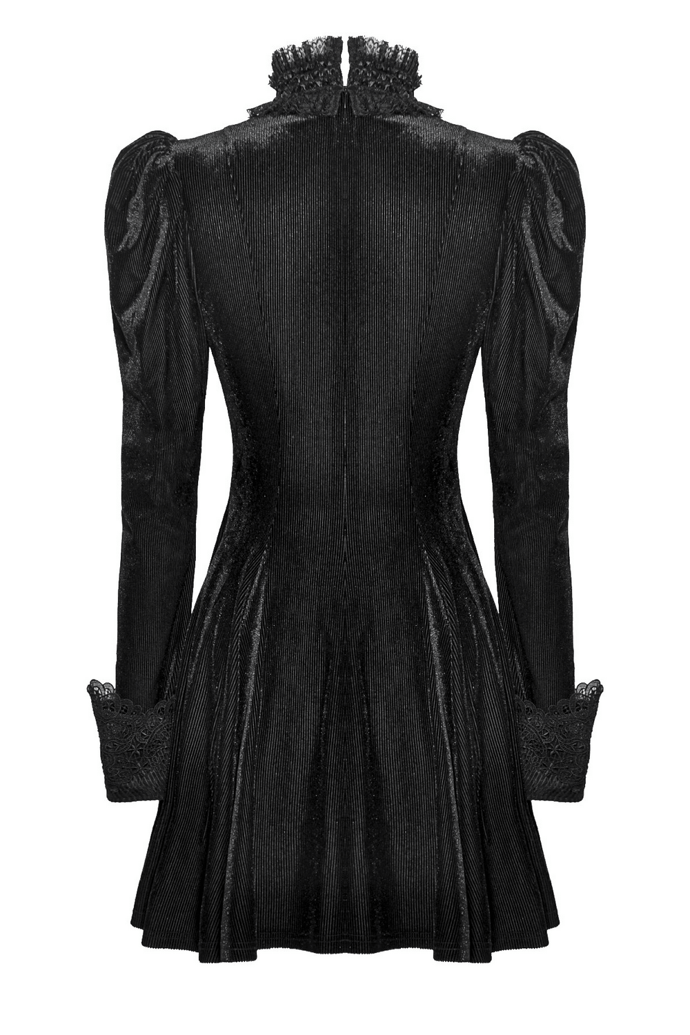 Back view of a gothic black ruffled velvet dress with lace puff sleeves and elegant silhouette.
