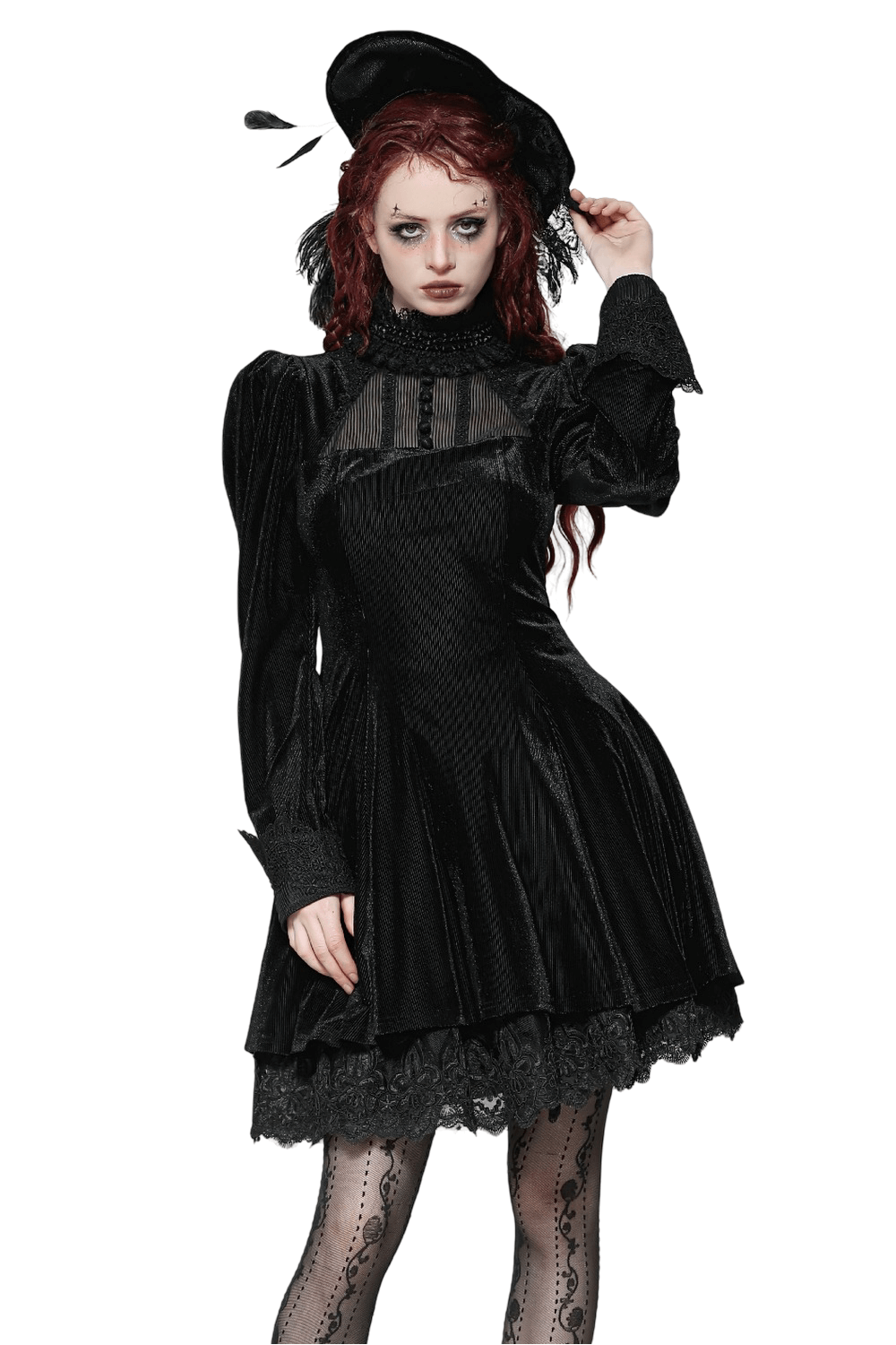 Elegant gothic black dress with lace details and puff sleeves, paired with a stylish hat.