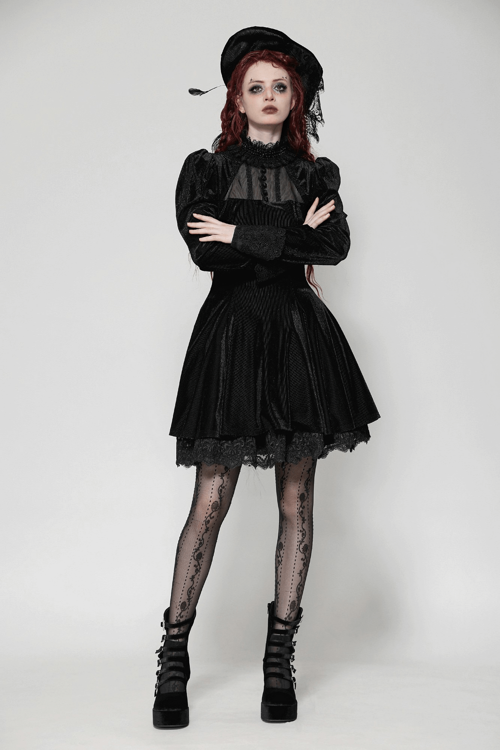 Gothic black ruffled velvet dress with lace, puff sleeves, and stylish platform shoes.