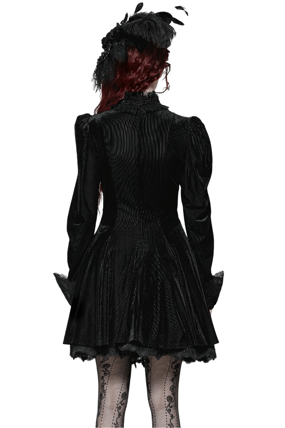 Back view of a gothic black velvet dress with puff sleeves and lace details, showcasing a flowing silhouette.