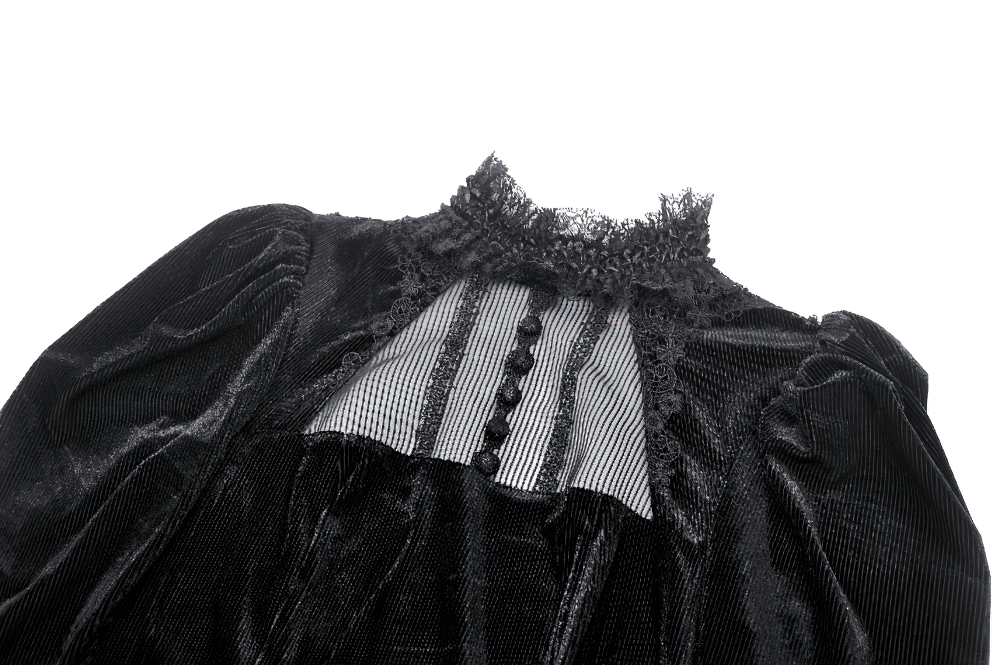 Close-up of the back of a gothic black velvet dress showcasing lace details and puff sleeves.