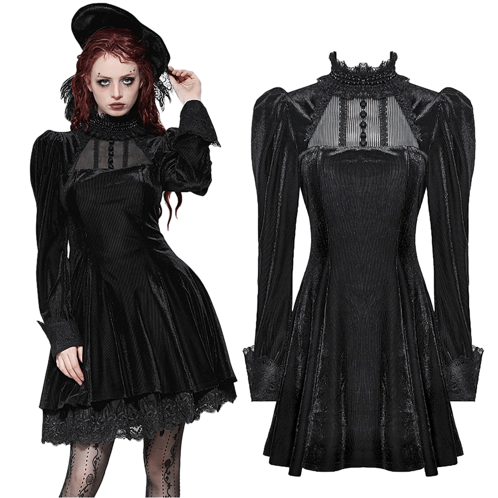 Elegant black gothic dress with lace details, puff sleeves, and a ruffled skirt for vintage-inspired fashion.