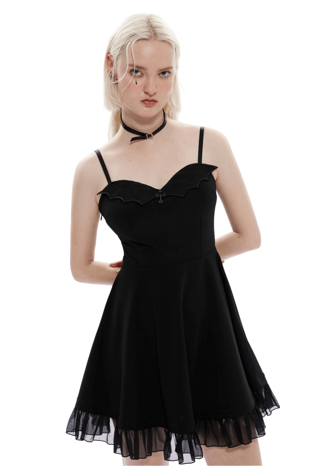 Gothic black scalloped skater dress with lace hem, perfect for evening events and stylish gatherings.