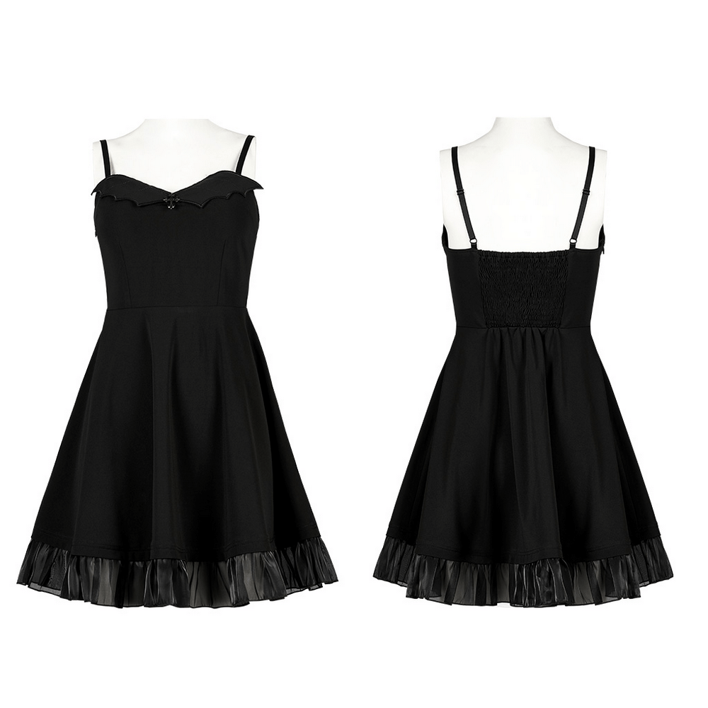 Gothic Black Scalloped Skater Dress with Lace Hem, elegant A-line silhouette for evening events.
