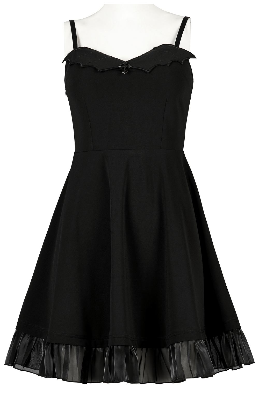 Gothic black scalloped skater dress with lace hem and wing accents, perfect for evening events.