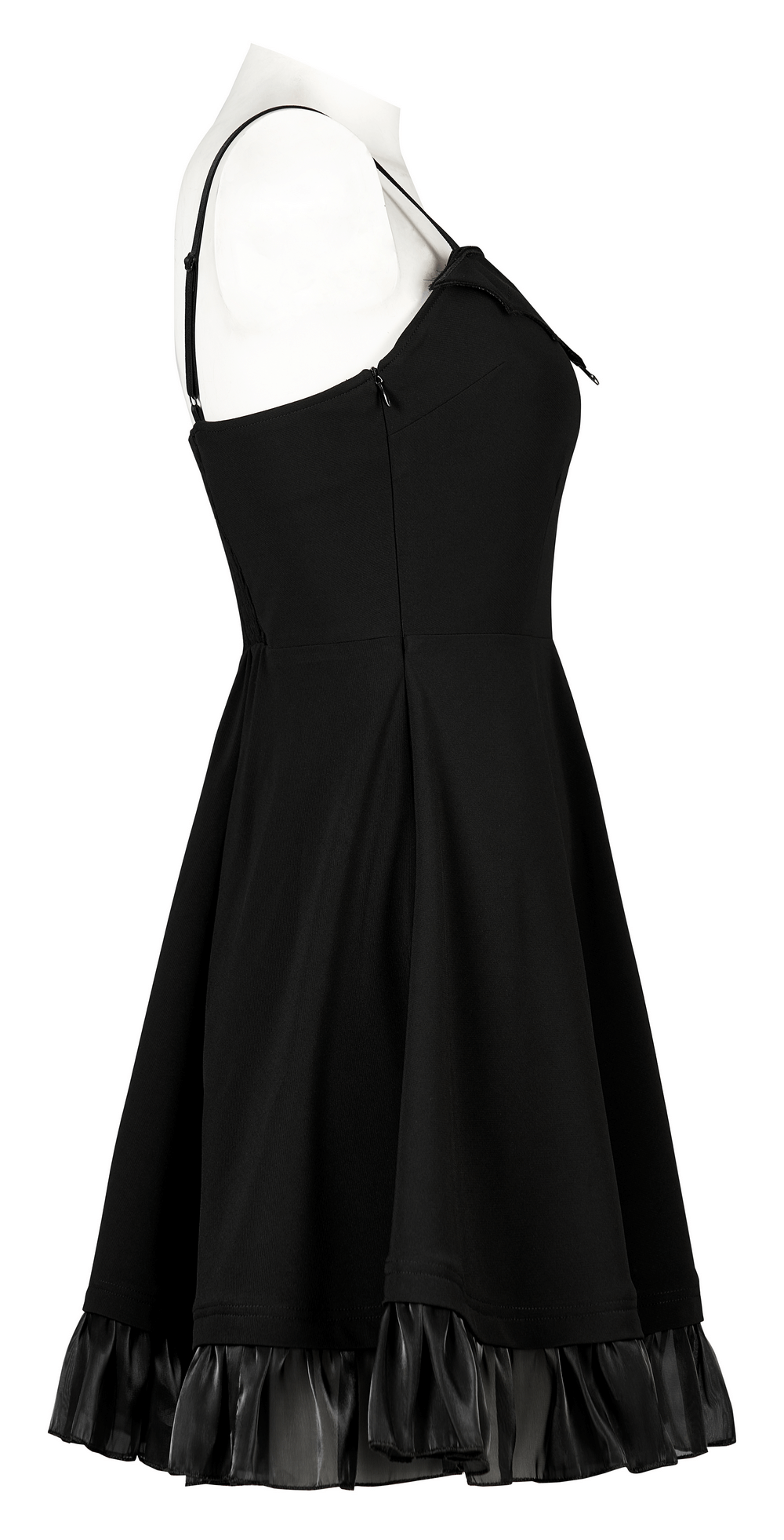 Gothic black scalloped skater dress with lace hem, perfect for elegant evening events and showcasing a playful silhouette.