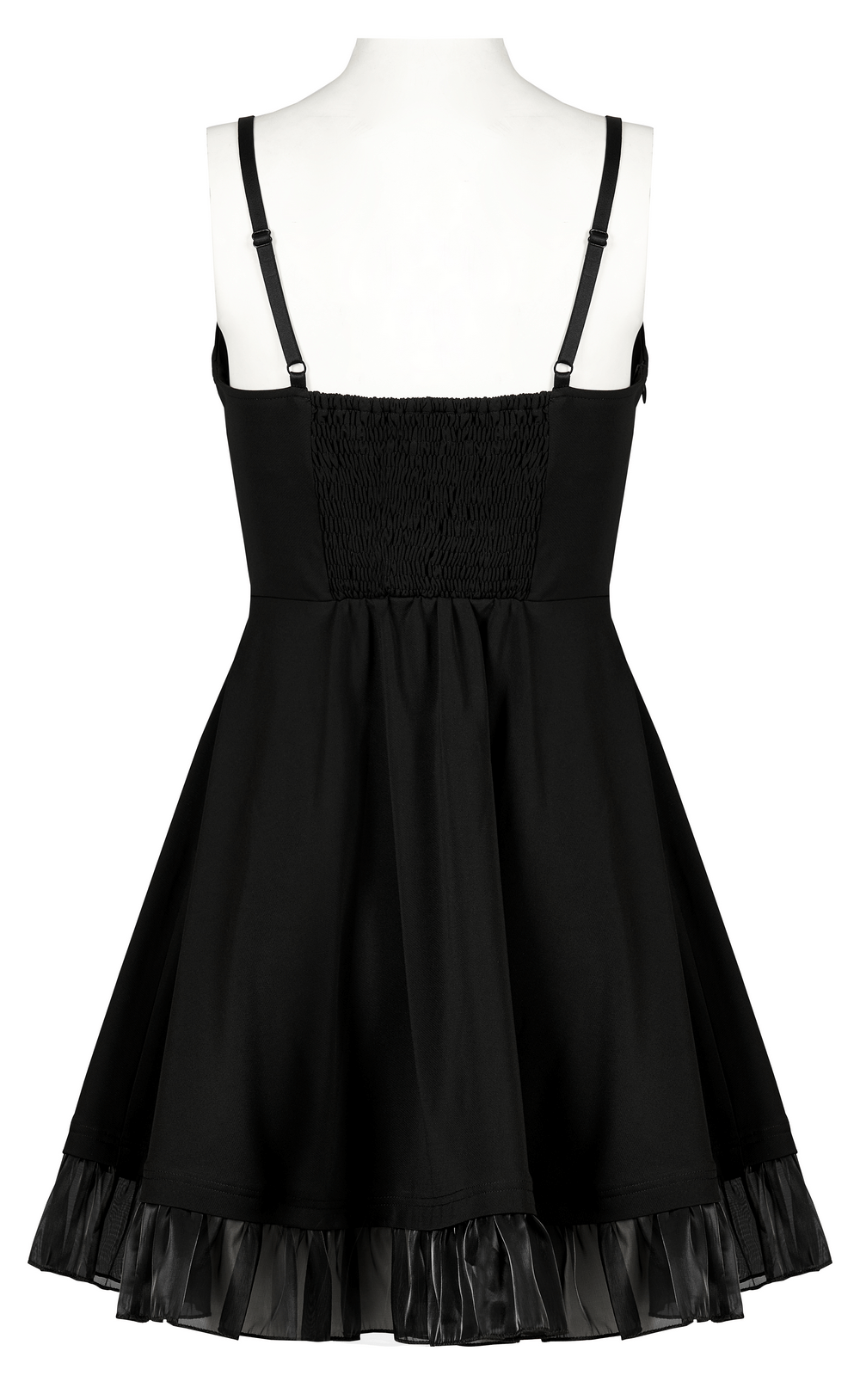 Back view of Gothic Black Scalloped Skater Dress with lace hem, showcasing its playful A-line silhouette.
