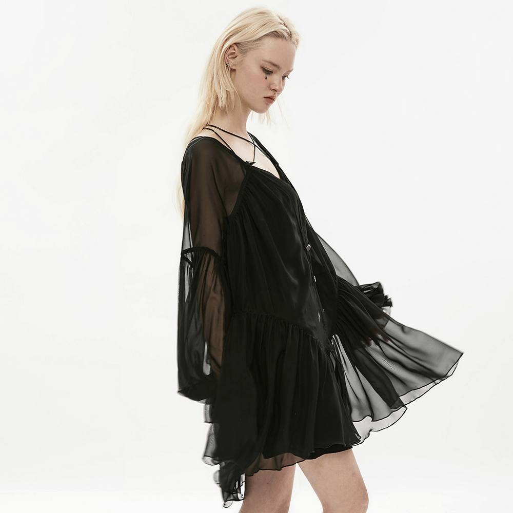 Gothic Black Sheer Blouse with Ruffled Sleeves