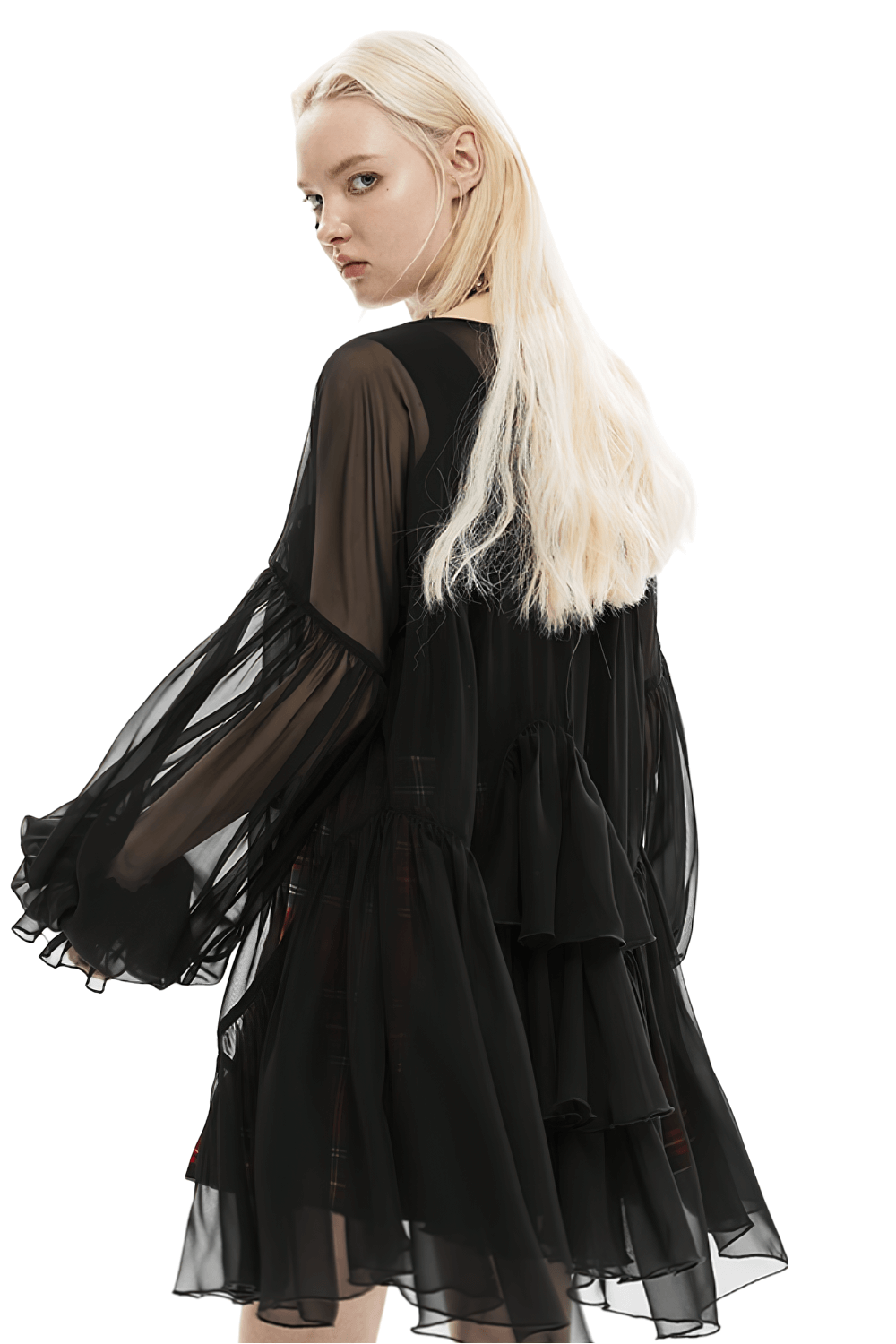 Gothic Black Sheer Blouse with Ruffled Sleeves