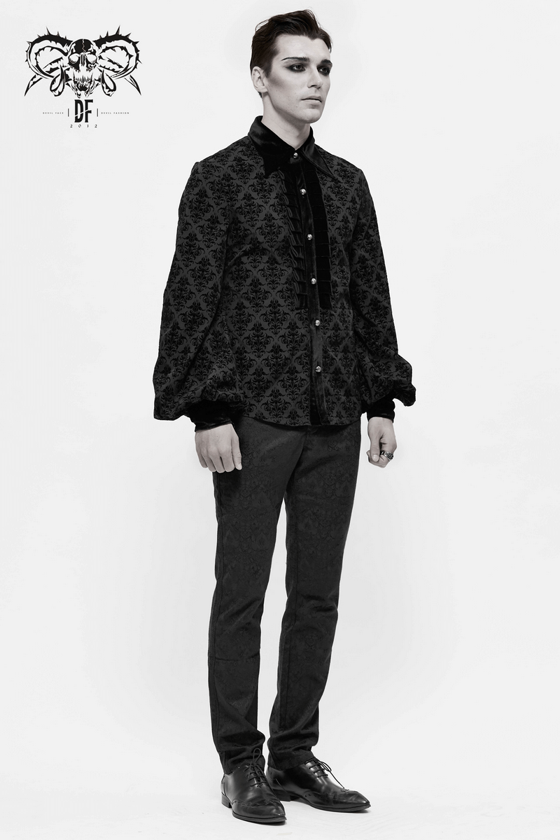 Gothic Black Shirt with Filigree Design / Men's Wide Sleeves Lapel Collar Shirts - HARD'N'HEAVY