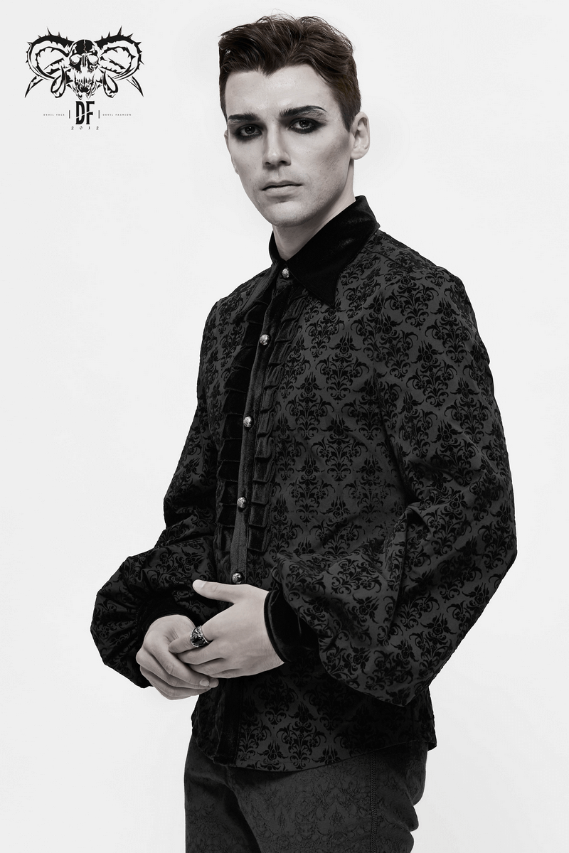 Gothic Black Shirt with Filigree Design / Men's Wide Sleeves Lapel Collar Shirts - HARD'N'HEAVY