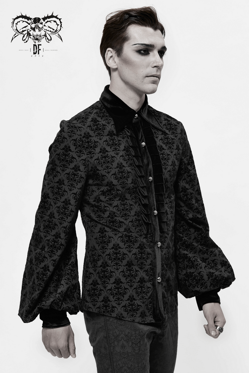 Gothic Black Shirt with Filigree Design / Men's Wide Sleeves Lapel Collar Shirts - HARD'N'HEAVY