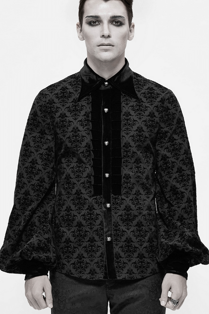 Gothic Black Shirt with Filigree Design / Men's Wide Sleeves Lapel Collar Shirts - HARD'N'HEAVY