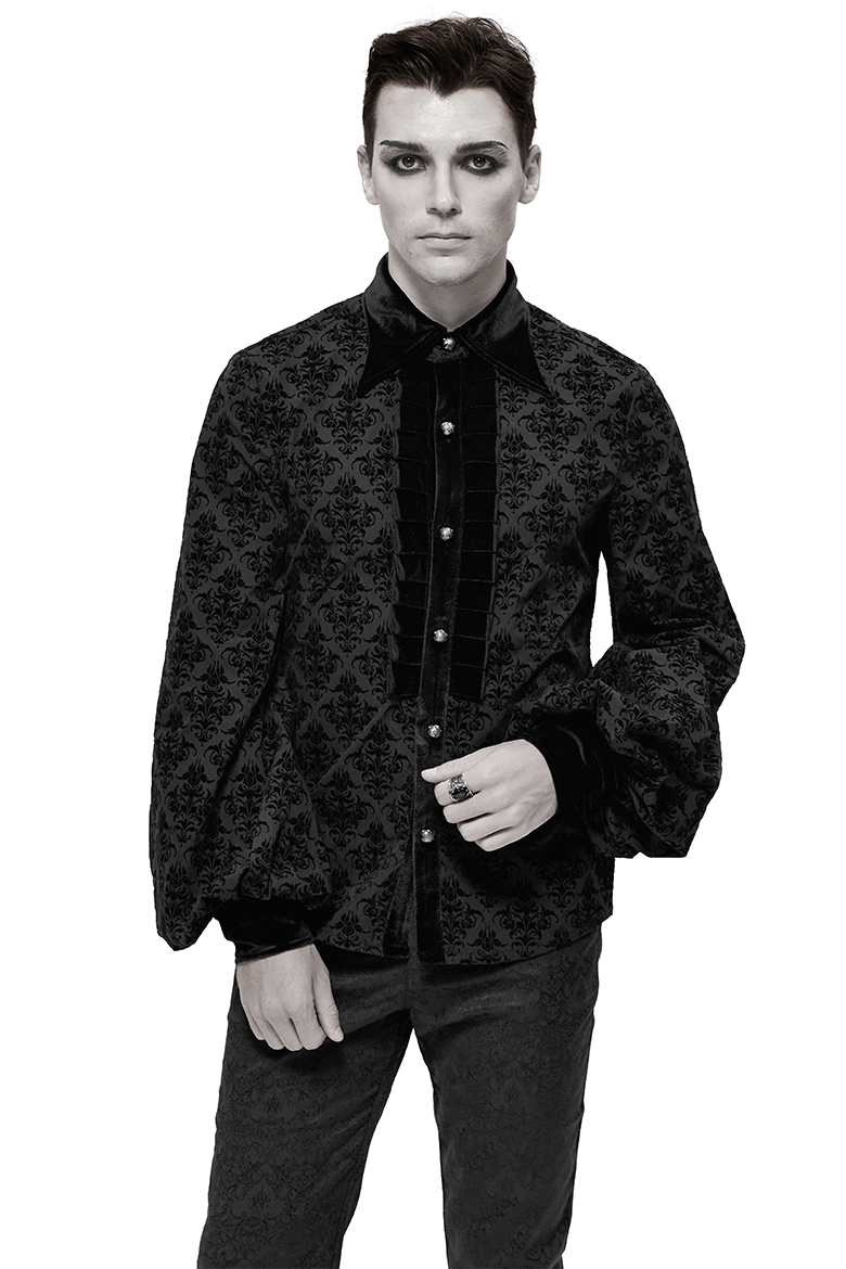 Gothic Black Shirt with Filigree Design / Men's Wide Sleeves Lapel Collar Shirts - HARD'N'HEAVY