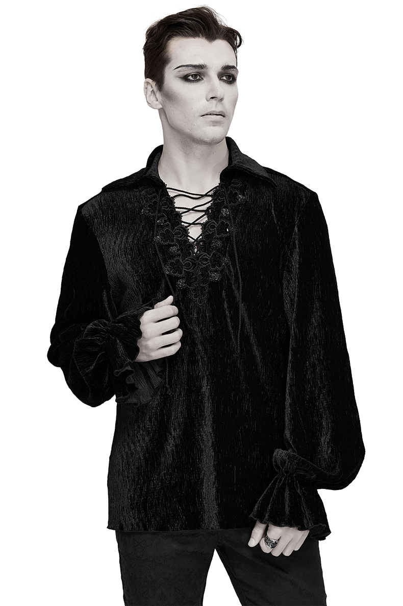 Gothic Black Shirts with Lacing / Elegant Flare Long Sleeve Blouse for Men - HARD'N'HEAVY