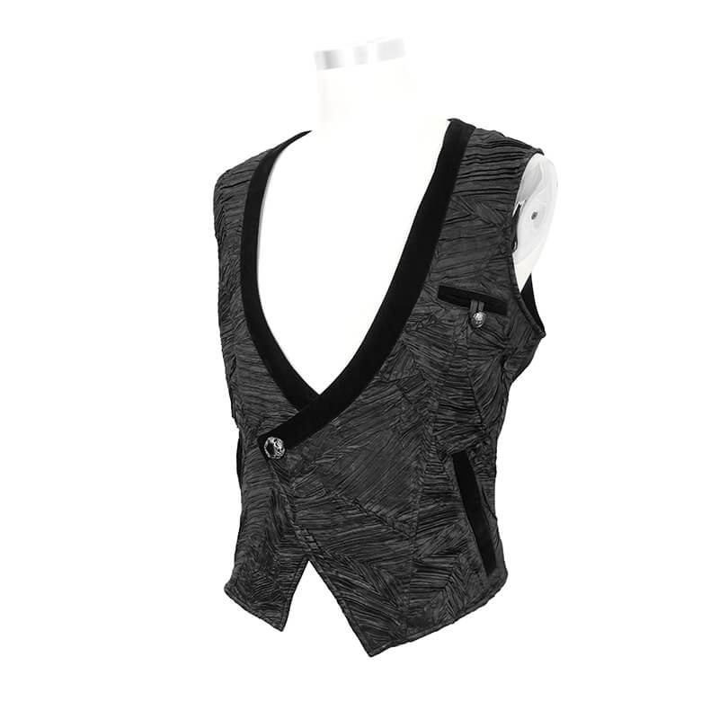 Gothic black short waistcoat for men featuring stylish silver button and unique textured fabric.