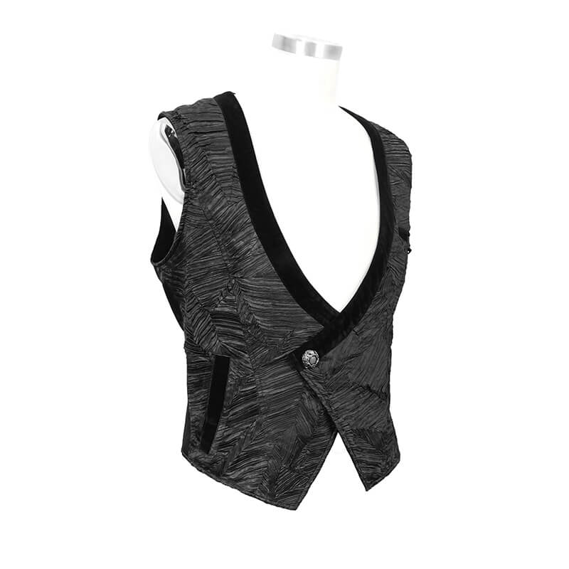 Gothic black short waistcoat for men with stylish silver button and trendy cut, perfect for vintage fashion lovers.