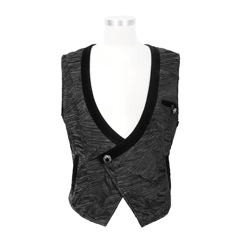 Gothic black short waistcoat for men with textured fabric and silver button, perfect for vintage style.