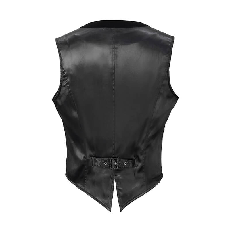 Back view of a gothic black short waistcoat for men with a stylish cut and decorative silver buttons.